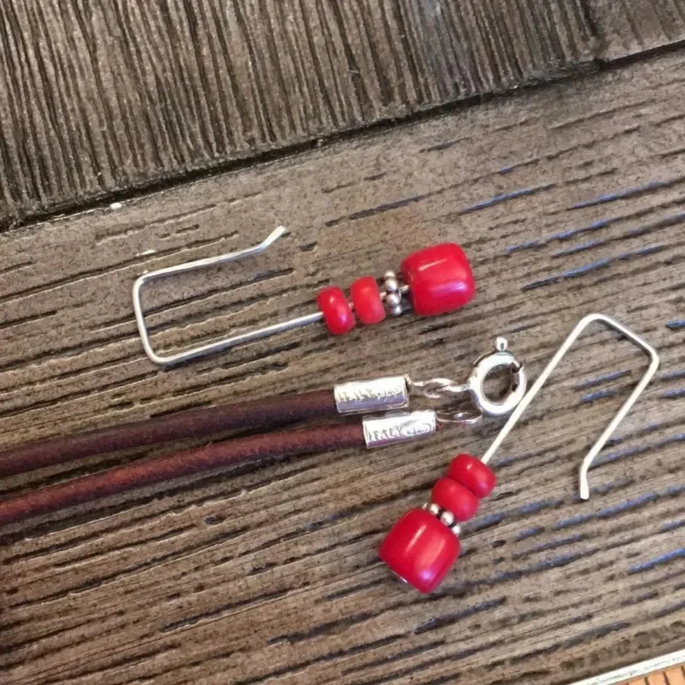 Red Coral Cord Necklace & Sterling Earrings